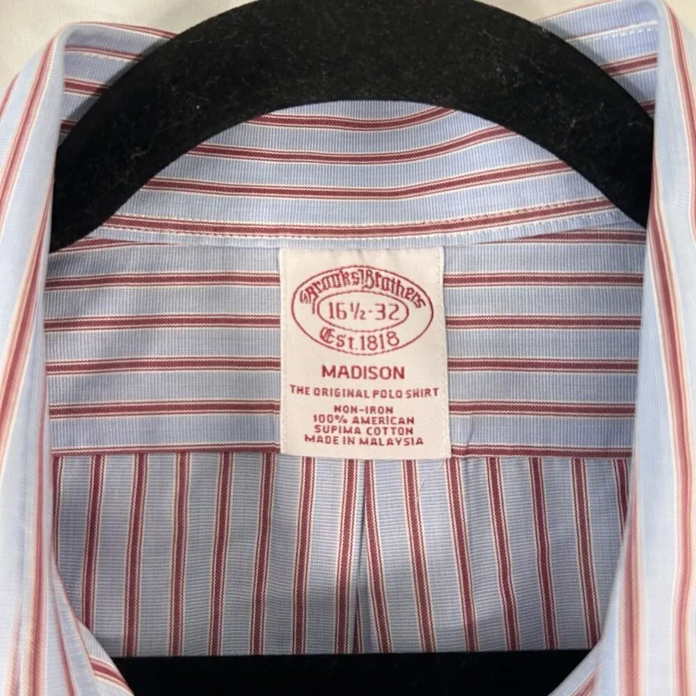 Brooks Brothers Dress Shirt Men's 16.5 32 Blue Striped Madison Button Up Long Sl